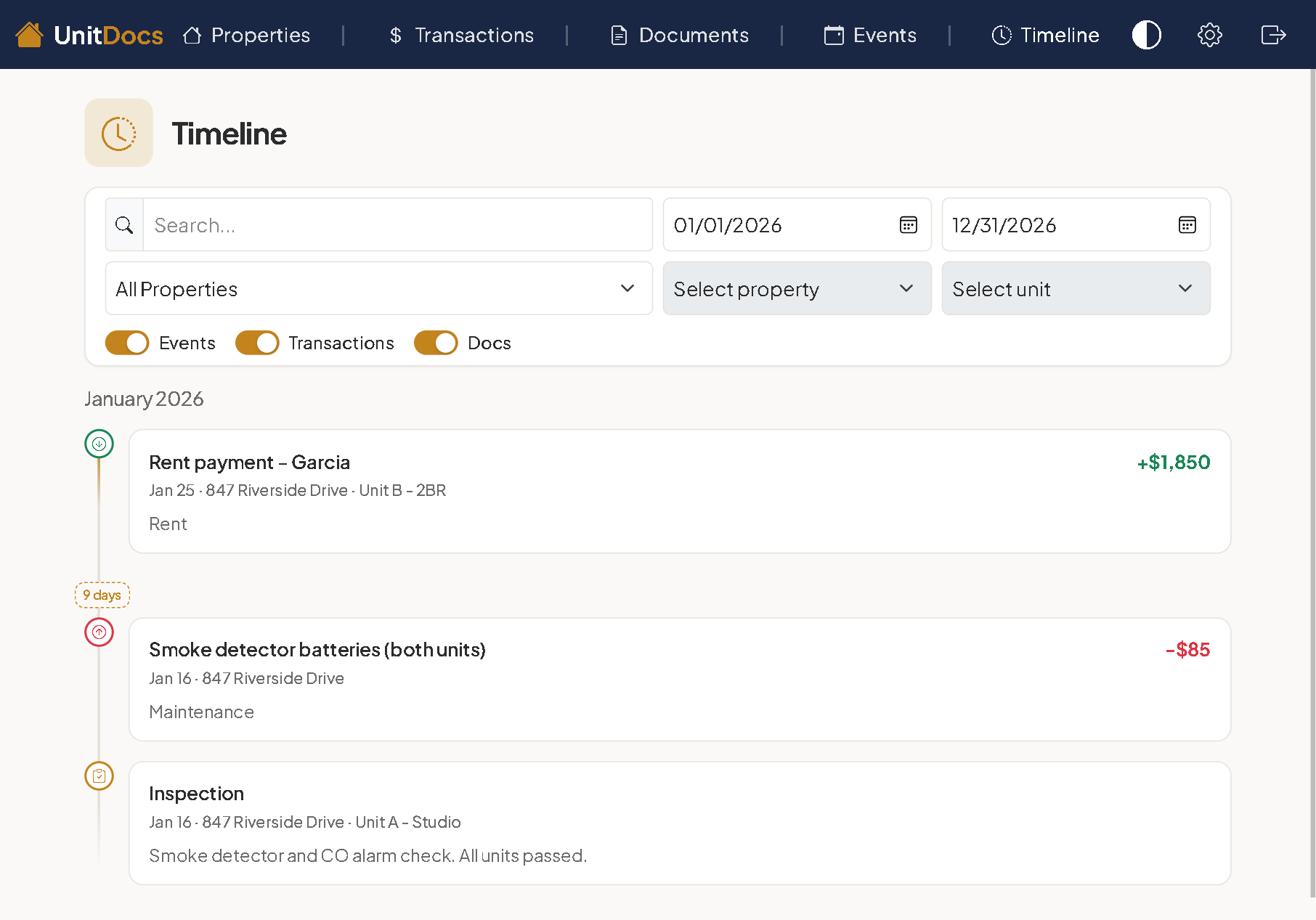 UnitDocs Timeline showing rent payments, maintenance, and inspections in one chronological view